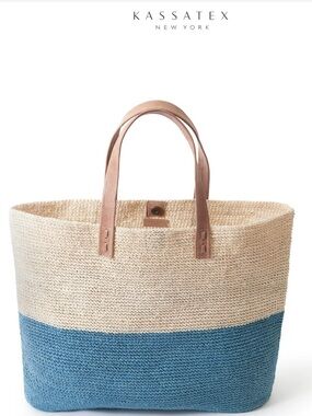 Kassatex Two-Tone Straw Tote in Natural and Blue with Tan Handles